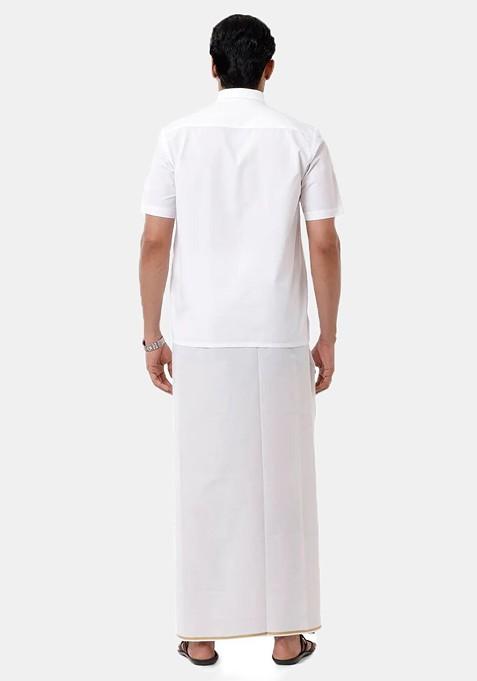 White Short Sleeves Shirt With Gold Jari Border Veshti For Men
