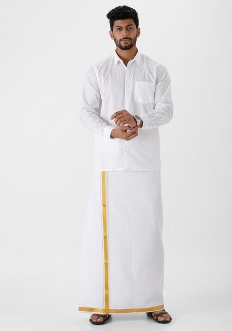 White Spread Collar Pure Cotton Shirt With Veshti For Men