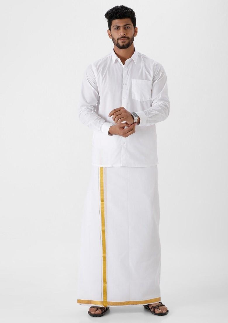 White Spread Collar Pure Cotton Shirt With Gold Jari Border Veshti For Men