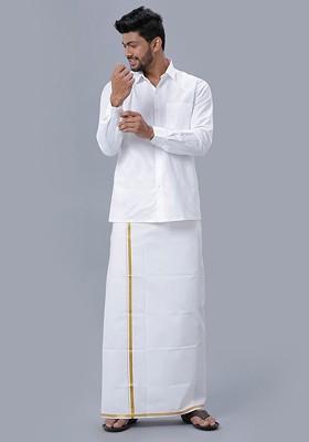 White Long Sleeves Shirt With Gold Jari Border Veshti For Men