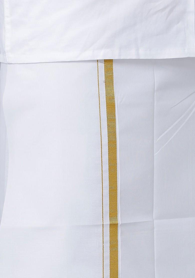 White Long Sleeves Shirt With Gold Jari Border Veshti For Men