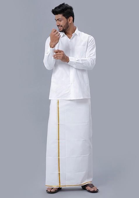 White Long Sleeves Shirt With Gold Jari Border Veshti For Men