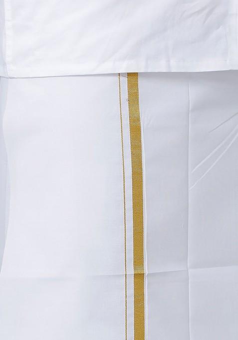 White Long Sleeves Shirt With Gold Jari Border Veshti For Men