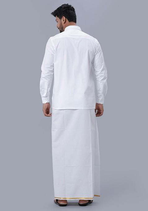 White Long Sleeves Shirt With Gold Jari Border Veshti For Men