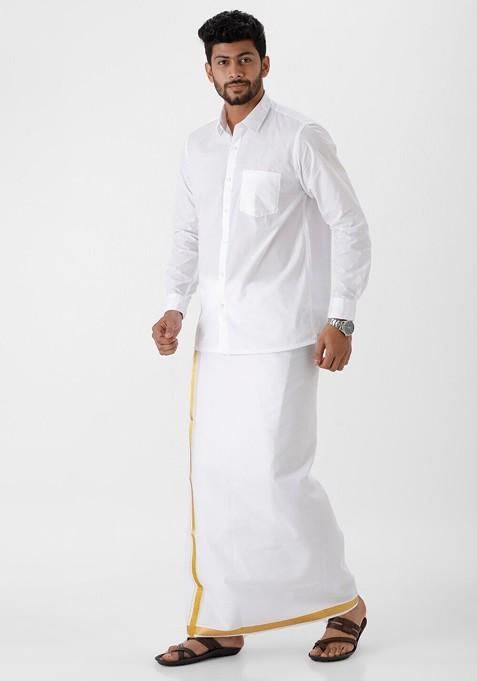 White Long Sleeves Pure Cotton Shirt With Gold Jari Border Veshti For Men
