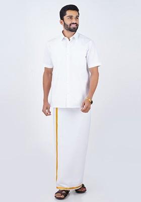 White Short Sleeves Shirt With Veshti For Men
