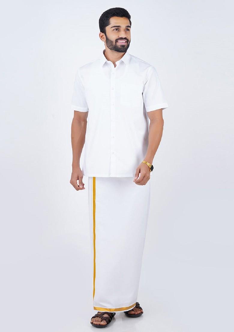 White Short Sleeves Shirt With Veshti For Men - Indya