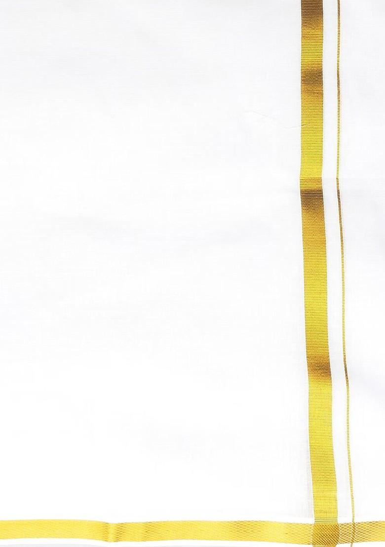 White Long Sleeves Pure Cotton Shirt With Gold Jari Border Veshti For Men