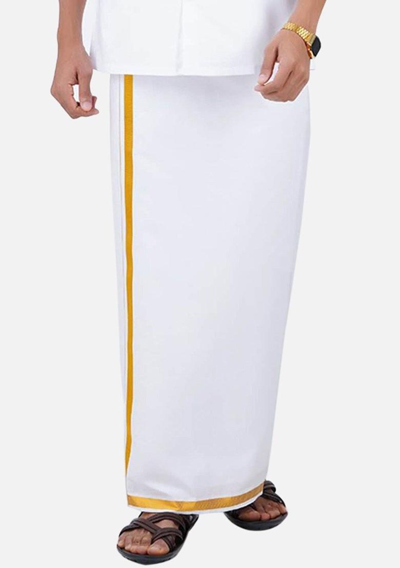White Long Sleeves Pure Cotton Shirt With Gold Jari Border Veshti For Men