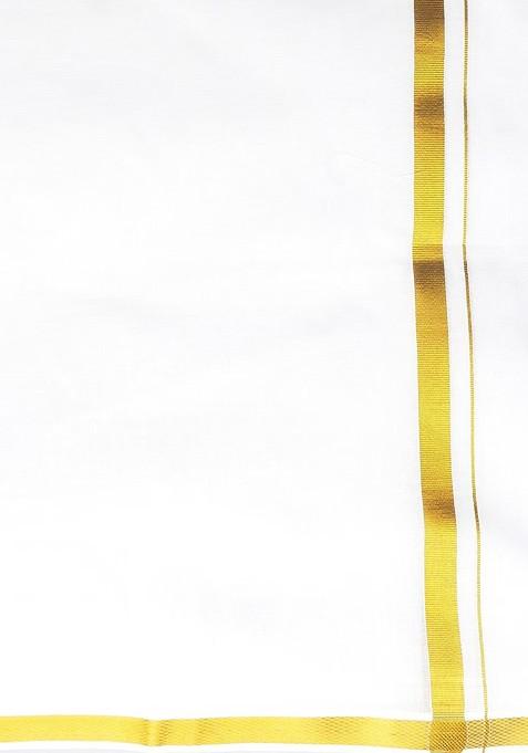 White Long Sleeves Pure Cotton Shirt With Gold Jari Border Veshti For Men