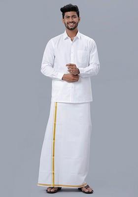 White Long Sleeves Shirt With Veshti For Men
