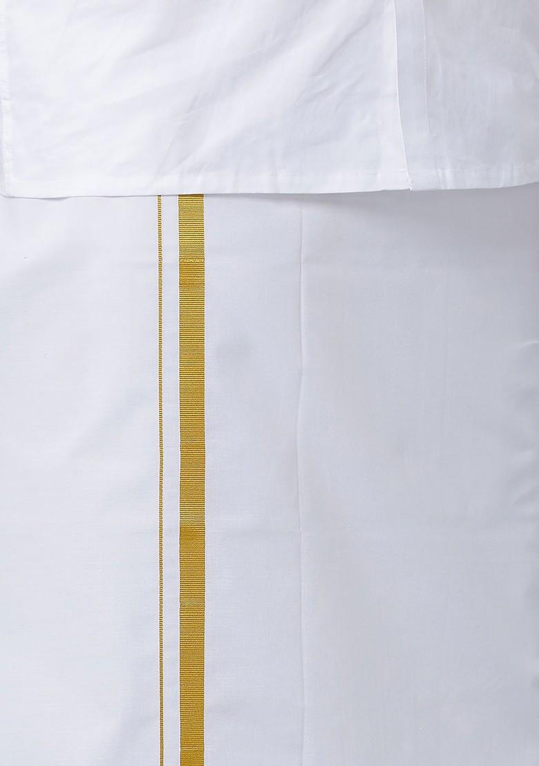 White Long Sleeves Shirt With Veshti For Men - Indya