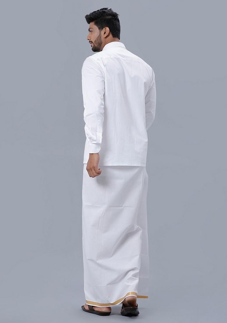 White Long Sleeves Shirt With Veshti For Men - Indya