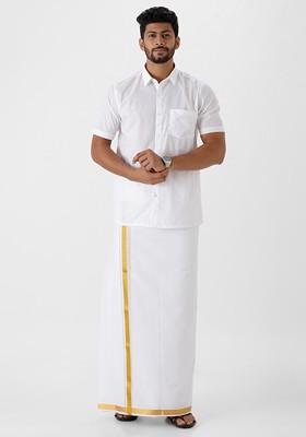 White Short Sleeves Pure Cotton Shirt With Veshti For Men