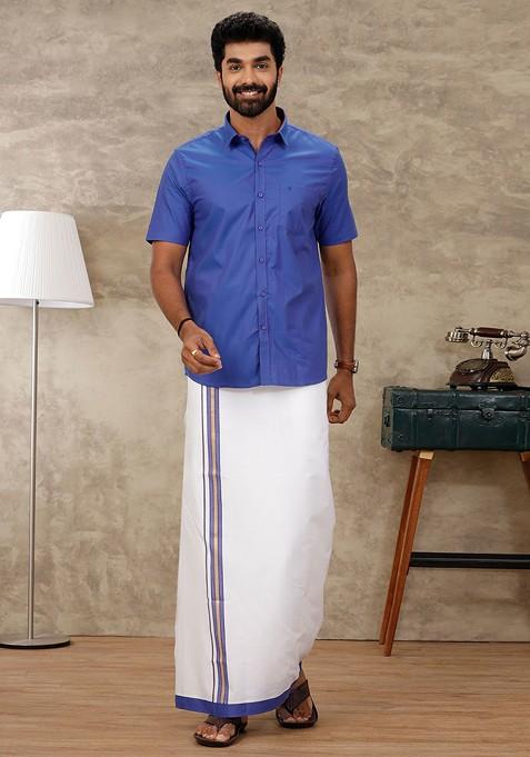 Blue Shirt Collar Ethnic Shirt With Veshti For Men