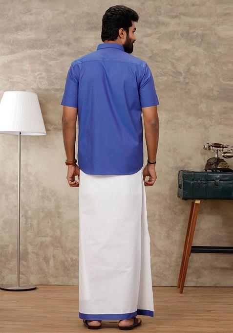 Blue Shirt Collar Ethnic Shirt With Veshti For Men