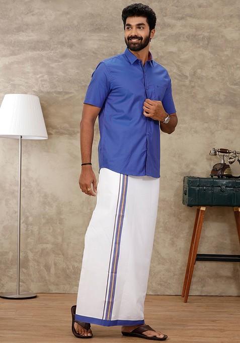 Blue Shirt Collar Ethnic Shirt With Veshti For Men