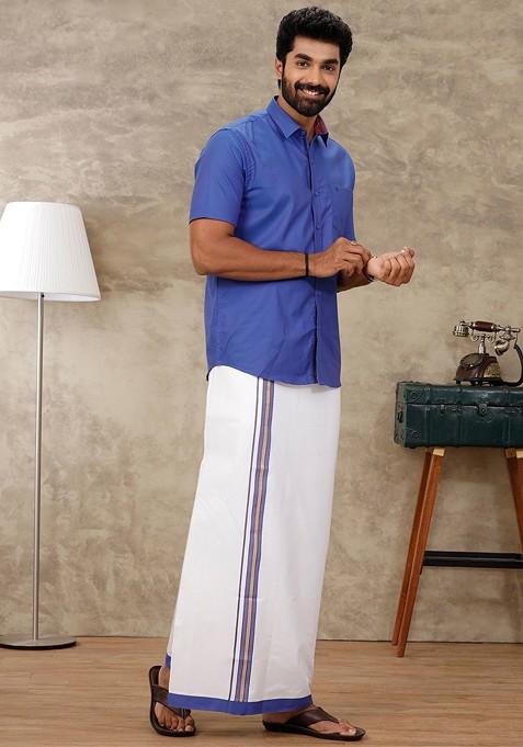 Blue Shirt Collar Ethnic Shirt With Veshti For Men