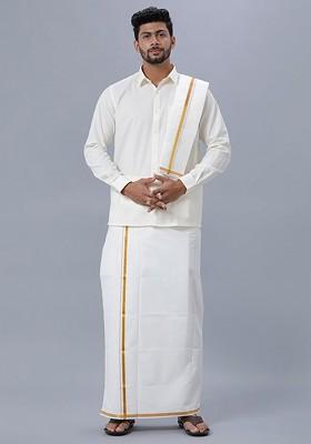 Off White Long Sleeves Pure Cotton Shirt And Veshti With Angavastram And Belt For Men