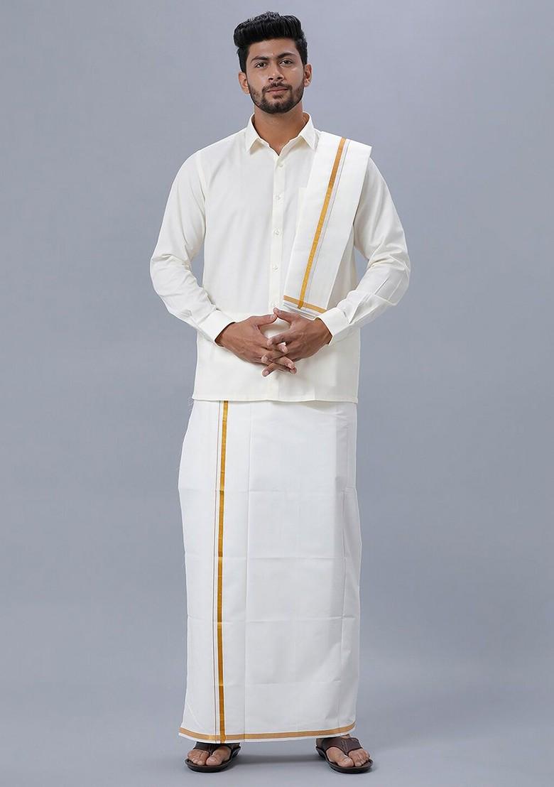 Off White Long Sleeves Pure Cotton Shirt And Veshti With Angavastram And Belt For Men