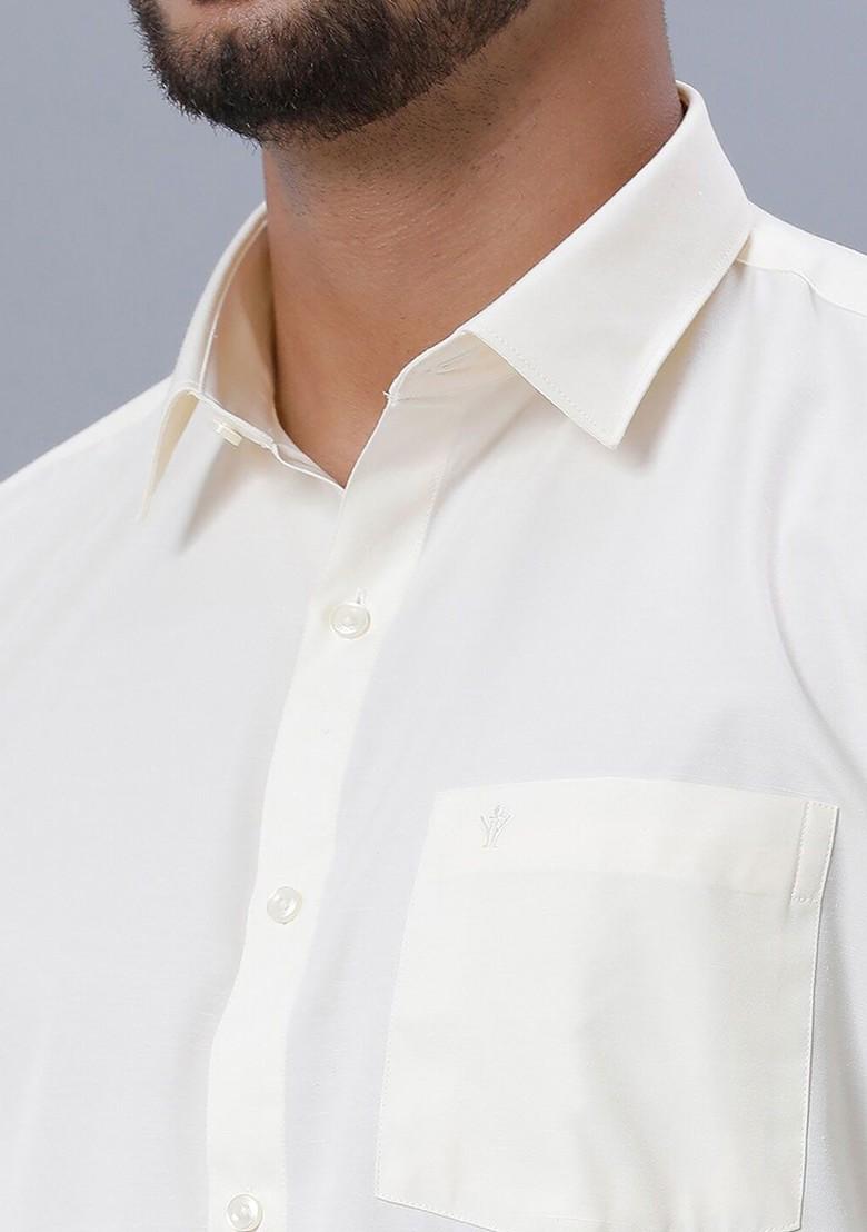 Off White Long Sleeves Pure Cotton Shirt And Veshti With Angavastram And Belt For Men - Indya