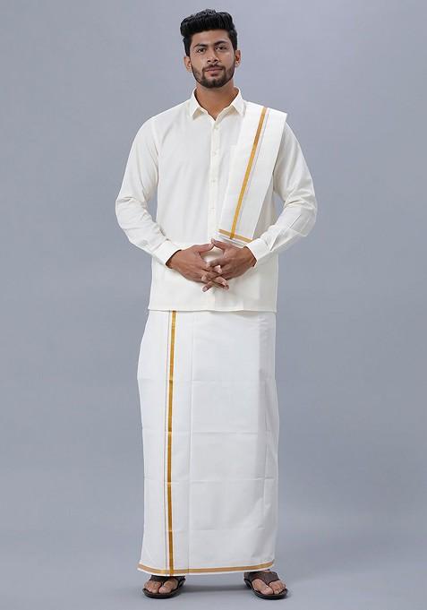 Off White Long Sleeves Pure Cotton Shirt And Veshti With Angavastram And Belt For Men