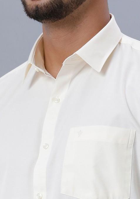 Off White Long Sleeves Pure Cotton Shirt And Veshti With Angavastram And Belt For Men