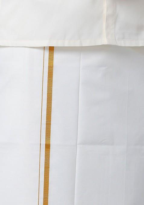 Off White Long Sleeves Pure Cotton Shirt And Veshti With Angavastram And Belt For Men