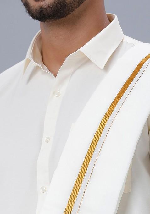 Off White Long Sleeves Pure Cotton Shirt And Veshti With Angavastram And Belt For Men