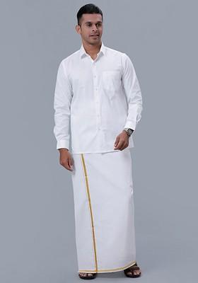 White Long Sleeves Pure Cotton Shirt With Veshti For Men