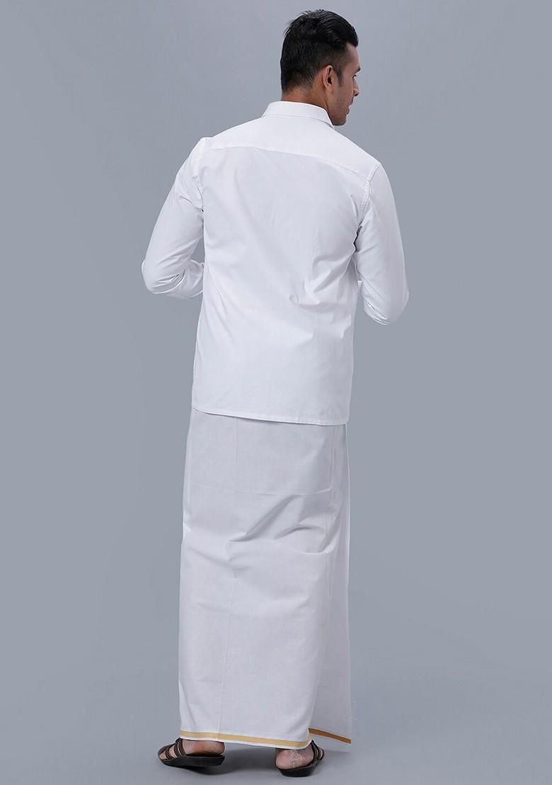 White Long Sleeves Pure Cotton Shirt With Veshti For Men - Indya