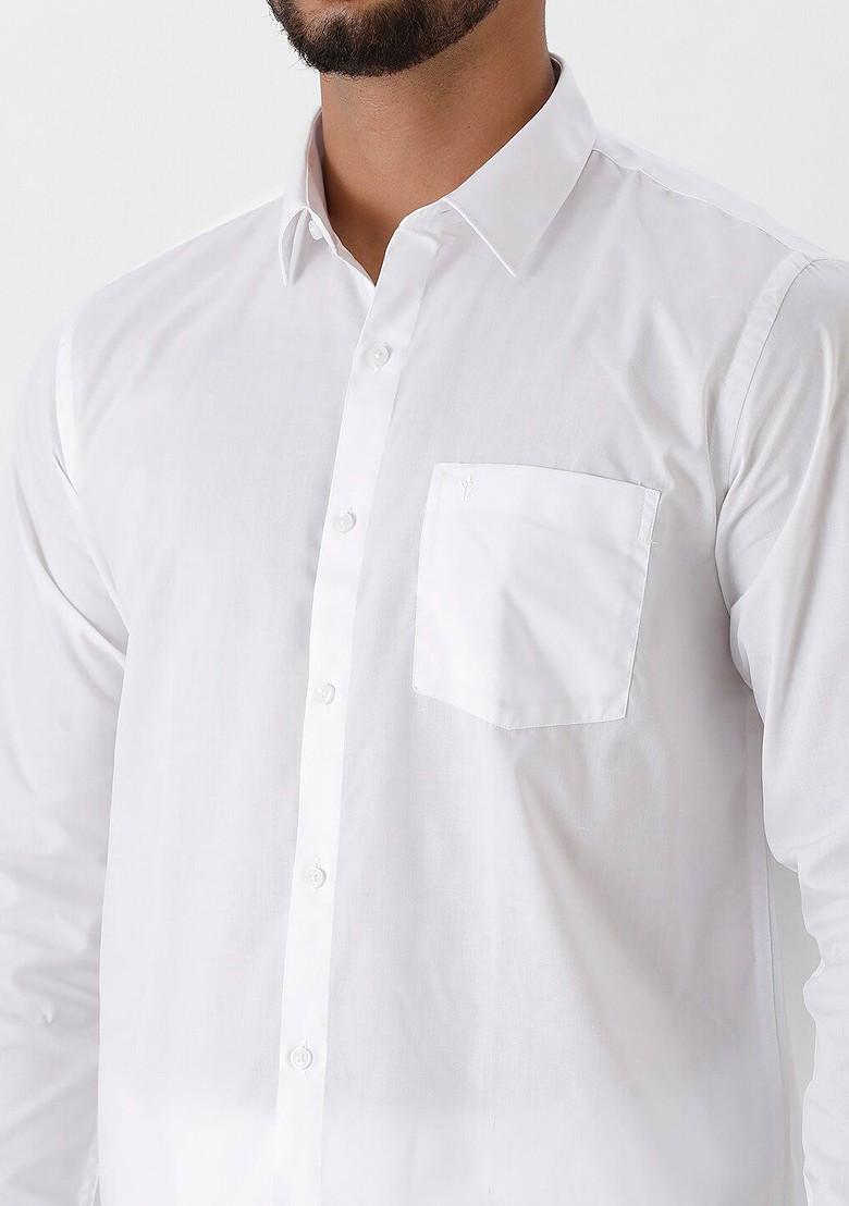 White Long Sleeves Shirt With Veshti For Men - Indya