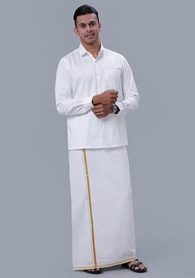 White Spread Collar Pure Cotton Shirt And Veshti For Men