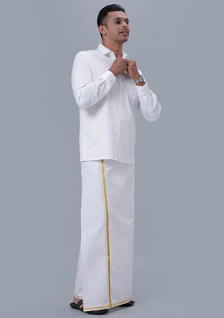 White Spread Collar Pure Cotton Shirt And Veshti For Men - Indya