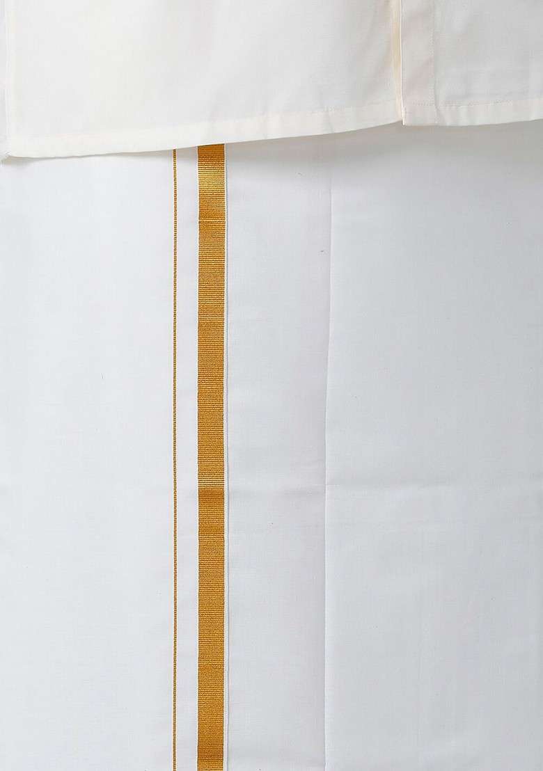 Cream Pure Cotton Shirt With Veshti For Men - Indya