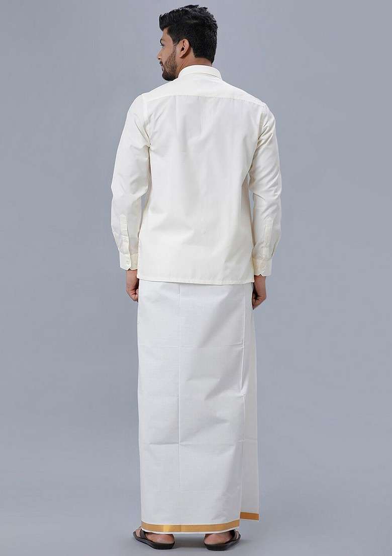 Cream Pure Cotton Shirt With Veshti For Men - Indya