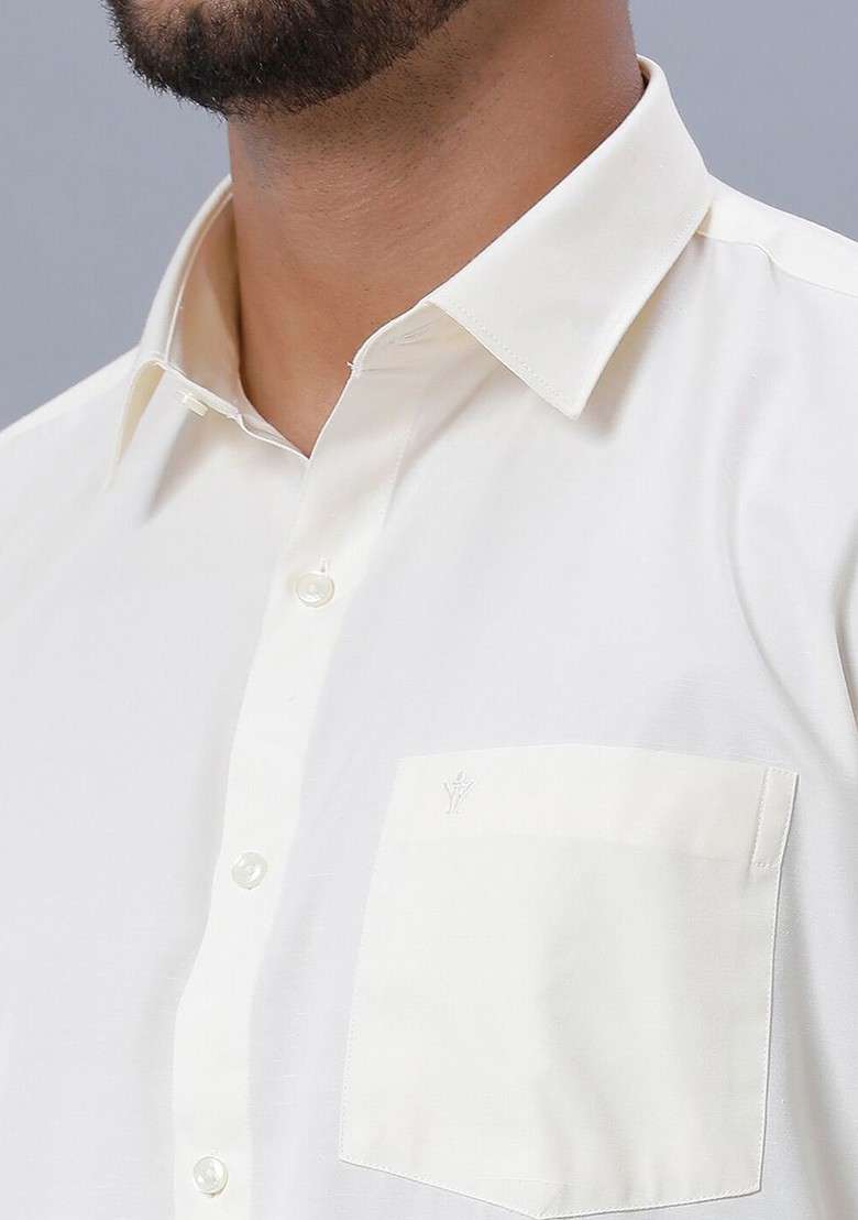 Cream Pure Cotton Shirt With Veshti For Men - Indya