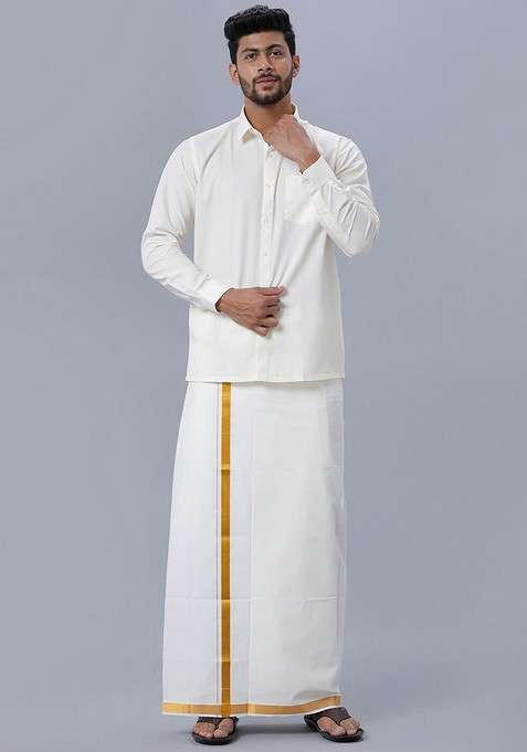 Cream Pure Cotton Shirt With Veshti For Men