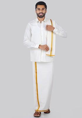 Cream Pure Cotton Shirt With Veshti And Angavastram For Men