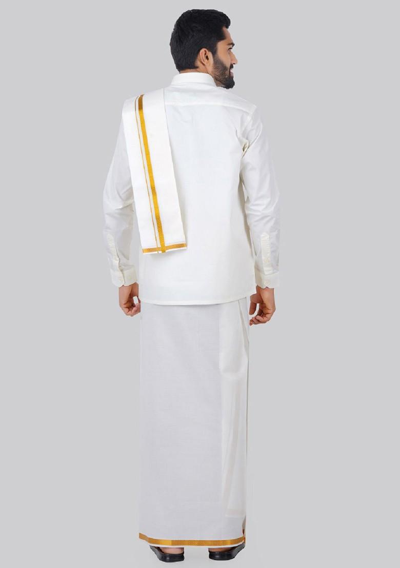 Cream Pure Cotton Shirt With Veshti And Angavastram For Men