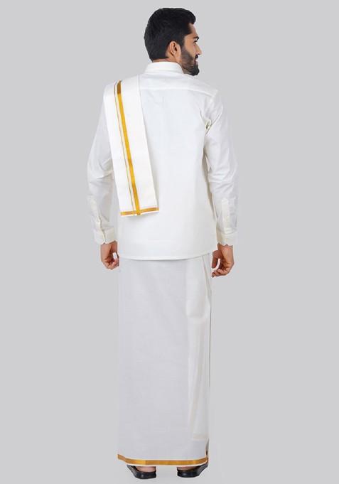 Cream Pure Cotton Shirt With Veshti And Angavastram For Men