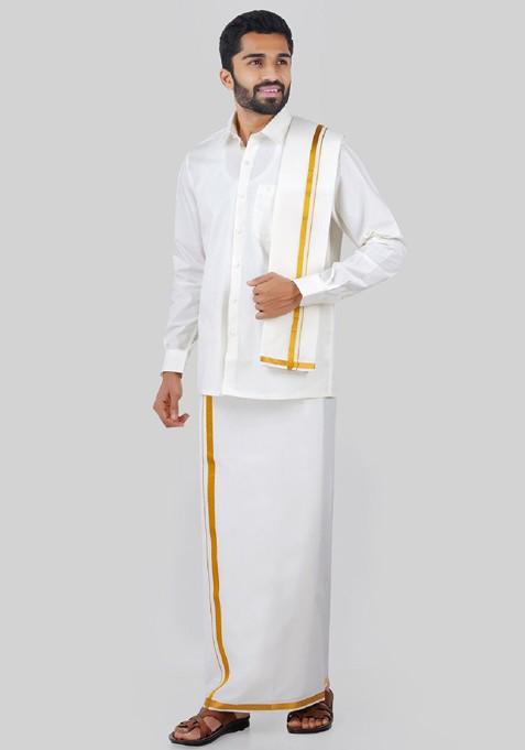 Cream Pure Cotton Shirt With Veshti And Angavastram For Men