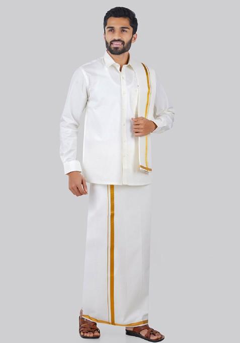 Cream Pure Cotton Shirt With Veshti And Angavastram For Men
