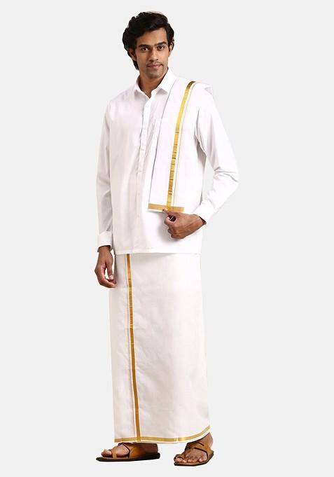 White Pure Cotton Shirt With Veshti And Angavastram For Men