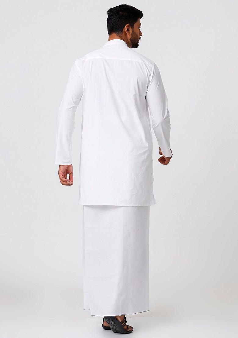 White Mandarin Cotton Kurta And Veshti For Men