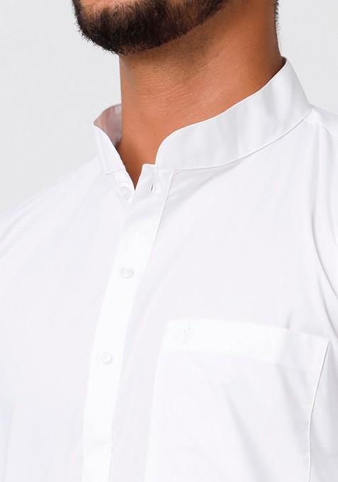 White Mandarin Cotton Kurta And Veshti For Men