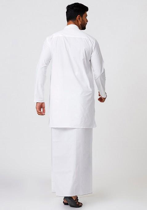 White Mandarin Cotton Kurta And Veshti For Men
