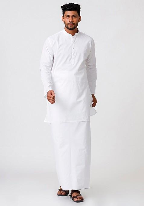 White Mandarin Cotton Kurta And Veshti For Men