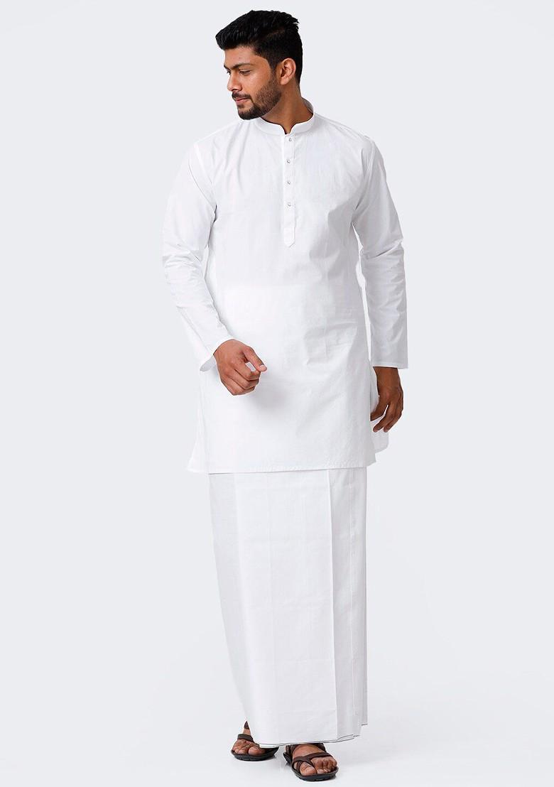 White Mandarin Cotton Kurta And Veshti For Men