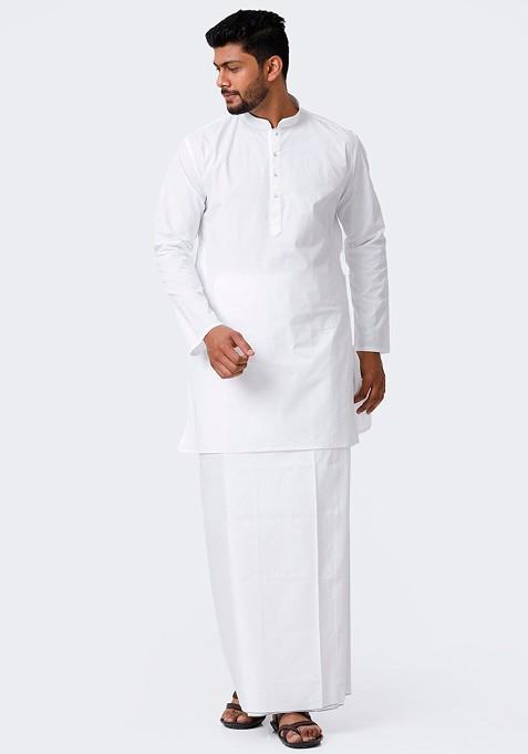 White Mandarin Cotton Kurta And Veshti For Men